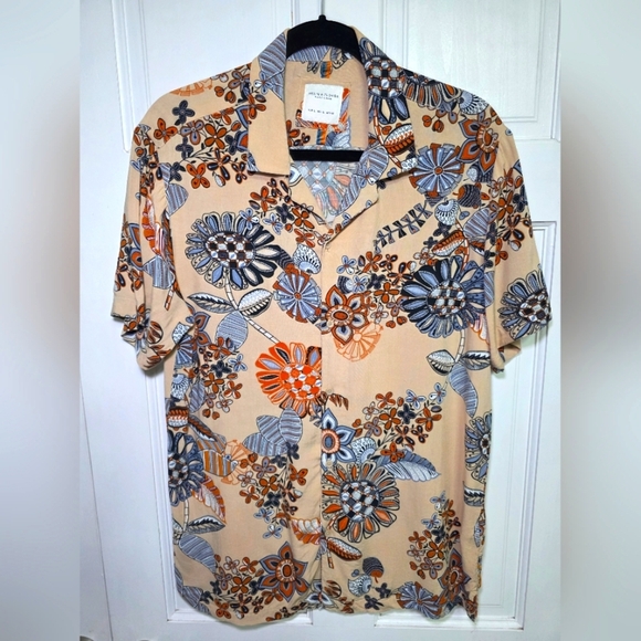 100% Soft Viscose Short-Sleeve Colorful Button Down-Denim & Flower-Men's Size Lg - Picture 1 of 7